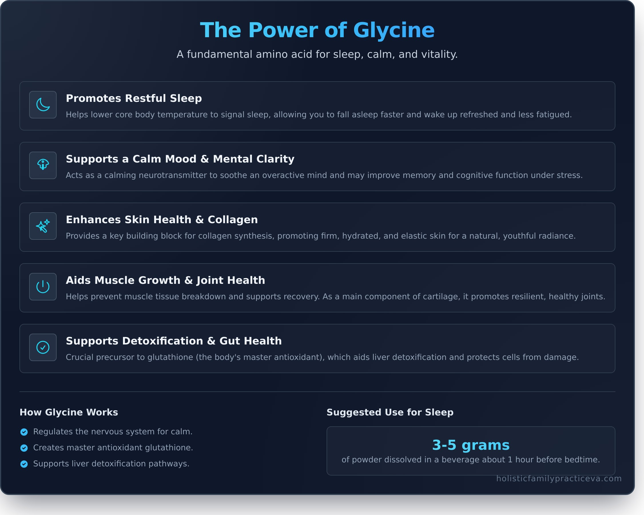 Glycine Amino Acid Supplement: Your Guide to Restful Sleep, Mood & More - Infographic